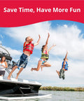 People jumping off a boat into water, enjoying a sunny day, showcasing fun on the water.