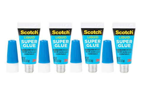 Liquid Super Glue 4 Pack Single Use Tubes 0.17 Oz Each Fast Drying Cyanoacrylate Adhesive with blue caps, ideal for various repairs.
