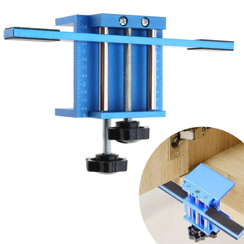 Easy Cabinet Door Mounting Clip And Installation Tool For Secure Kitchen Cabinets Wardrobes And Furniture No Fuss DIY Enthusiasts And Simple Installation shown in blue color with close-up of usage on wooden panel.