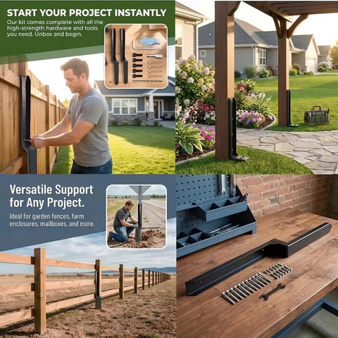 Beefy Heavy-Duty Fence Post Repair Kit Four Pack With Sturdy Anchors And Stabilizers For Leaning Posts shown with tools and installation on wood and metal fences
