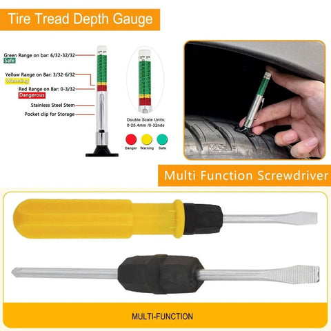 Tire tread depth gauge measuring tire with a multi-function screwdriver displayed beside it.
