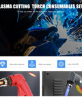 IPT40 Plasma Cutter Consumables Kit for YESWELDER Cut 55DS Pro and 65DS, showing torch in use with sparks.