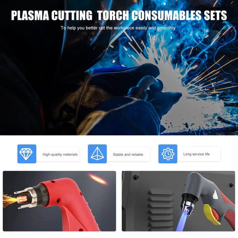 24 Piece IPT40 Plasma Cutter Consumables Kit for Cut 55DS Pro and 65DS displayed with cutting torch and features