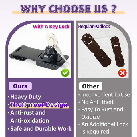 Keyed Hasp Lock 4 Inch Heavy Duty Pack Lock Clasp in black zinc alloy with keys and brushed finish, anti-rust features highlighted.