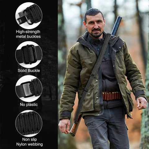 Man wearing Two Point Paracord Rifle Sling With Swivels, Non Slip Gun Strap For Hunting, in forest, featuring durable buckles.