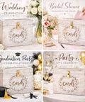 Real Deal Solid Wood Wedding Card Box With Tight Lock And Wide Opening To Bag Every Last One Of Those Sweet Guest Envelopes Clean Rustic Vibe Built Strong For Big Day Gatherings Or Bridal Showers Here in white wood with designs for various celebrations.