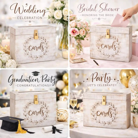 Real Deal Solid Wood Wedding Card Box With Tight Lock And Wide Opening To Bag Every Last One Of Those Sweet Guest Envelopes Clean Rustic Vibe Built Strong For Big Day Gatherings Or Bridal Showers Here in white wood with designs for various celebrations.