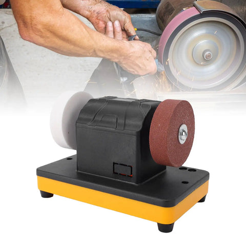 Depisuta 20V Cordless Mini Bench Grinder with dual grinding wheels for knife sharpening, compact design, adjustable speed.