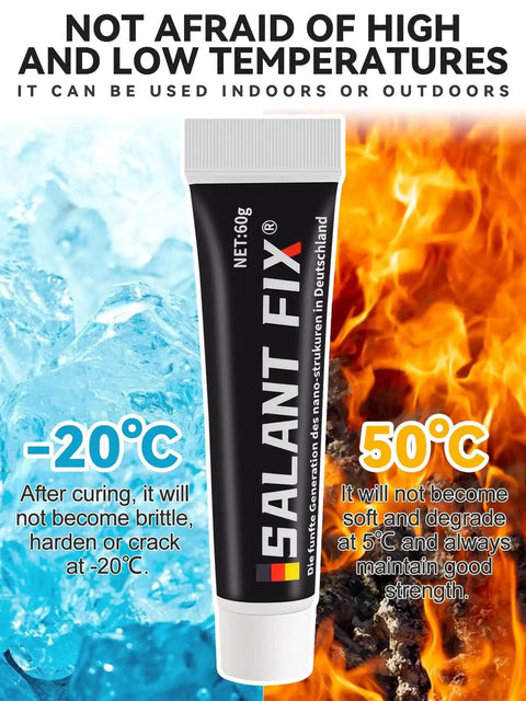 Salant Fix glue tube for extreme temperatures with ice and fire background, indicating -20°C to 50°C durability.