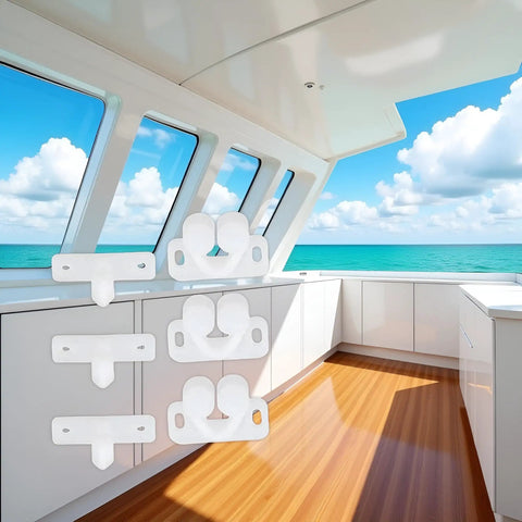 White Plastic Ball Catch Set For Cabinets And Doors On Boats And RVs, 3 Pack Spring Back Roller Latch Catches displayed in boat interior