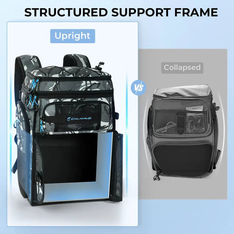 GearMaster Tackle Backpack With Bait Binder For Fishing Gear, structured support frame, upright and collapsed views