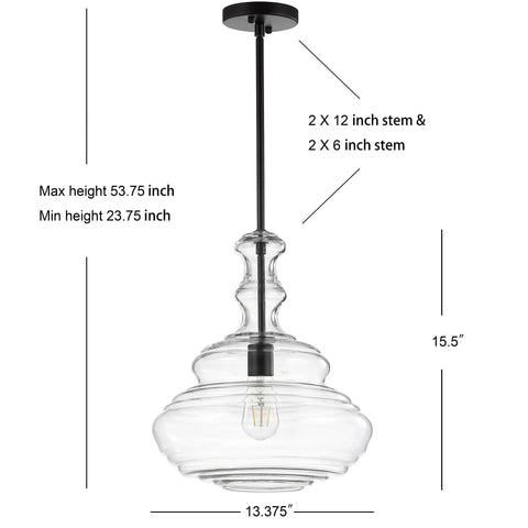 Oil Rubbed Bronze Modern LED Pendant Light With Clear Glass Shade Adjustable Hanging Ceiling Fixture measurements displayed