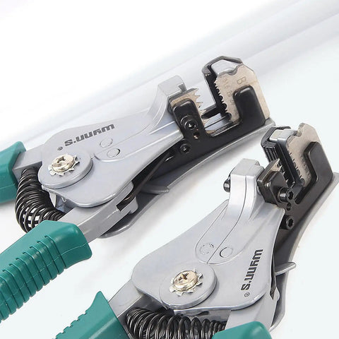Heavy Duty Wire Crimper And Stripper Plier For Slick Multistrand Cable Cutting with green anti-slip handles and sharp blades.