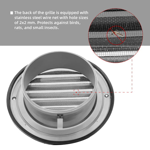 4-Inch Round Stainless Steel Dryer Vent Cover Grill Hood for Home Use with Easy Install Rubber Ring showing wire net detail
