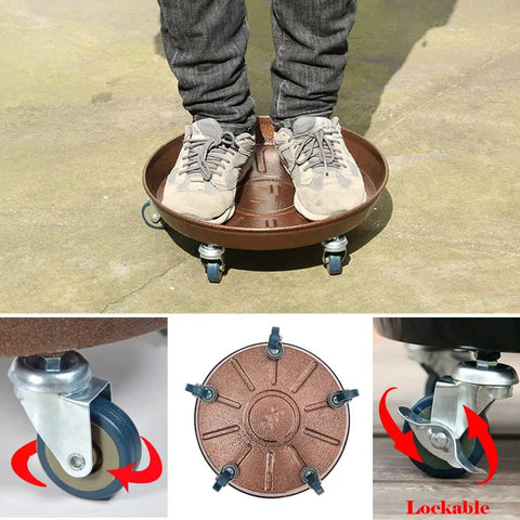 Big Boy Rolling Plant Dolly With Lockable Casters For Smooth Riding Indoors Or Outdoors, Built Like A Tank At Four Hundred Twenty Lb Capacity, Thickened Steel Pan With No Cutouts, Fits Twelve To Fifteen Inch Pots, Pack Of Two, showing person standing on dolly with four lockable casters.
