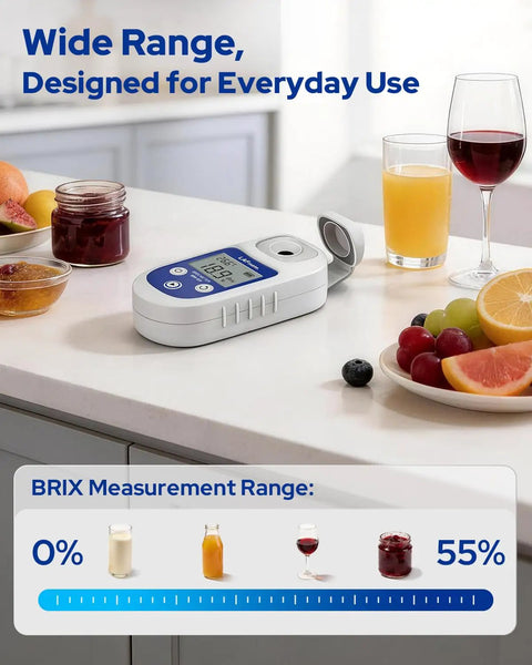Digital Refractometer 0-55 Brix with ATC and IP65 Water Resistance, Ultra Fast Two-Second Readouts, Accuracy to 0.2 Percent, Perfect For Juices, Wine, Coffee, Home Brew And Kitchen Lab Testing on countertop with fruit and drinks