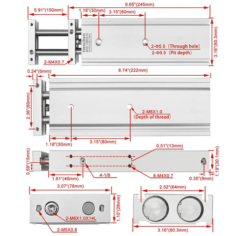 Dimensions and specifications of Dual Rod Pneumatic Cylinder 25mm Bore 150mm Stroke Guided Actuator With Magnet PT One Eighth Port