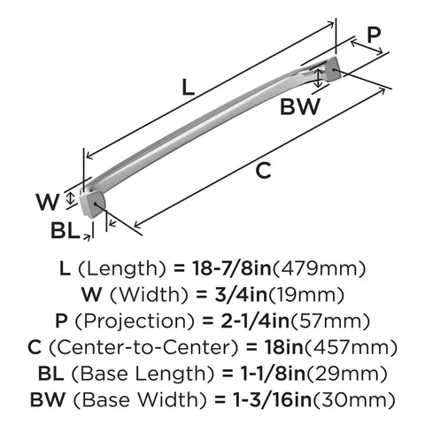 Diagram of Beefy Oversized Cabinet Hardware And Appliance Pull In Polished Chrome 18 Inch showing dimensions and measurements.