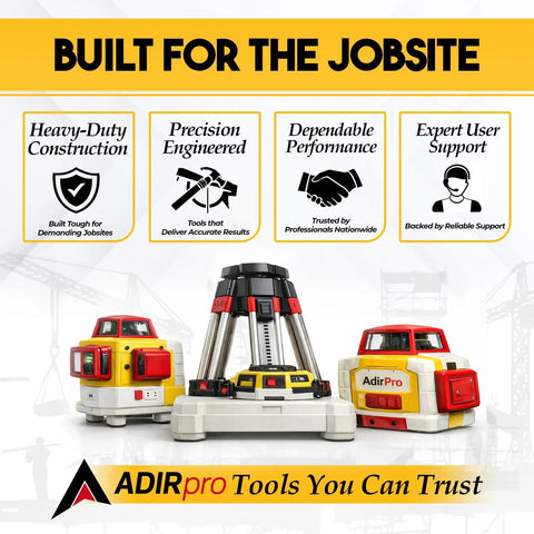 AdirPro laser levels and tools with tags for heavy-duty construction, precision engineering, and expert support for jobsites.