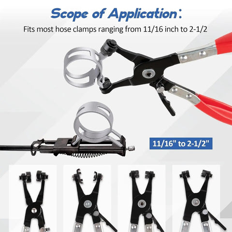 Rock Solid 9 Piece Hose Clamp Pliers Set With Flexible Shaft For Fast Repair And Damage Free Removal On Spring And Worm Gear Clamps Without Slipping In Tight Spots, hose clamps 11/16 to 2-1/2 in