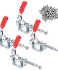 4 Pack 302F Push Pull Toggle Clamps 300 Lb Holding Capacity Heavy Duty Galvanized Steel with red handles for workshop use.
