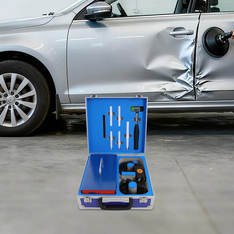 Pro DIY PDR Induction Heater 1380W with digital display, case and tools, next to dented car door for auto body paintless repair.