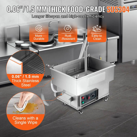 Saditesdk Commercial Deep Fryer Oil Filter Machine 300 Watt High Efficiency Pump showcases 0.06 inch thick stainless steel design.