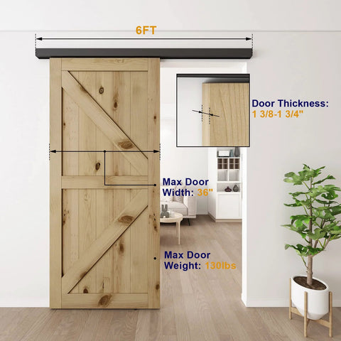 Six Foot Sliding Barn Door Hardware Track Kit Aluminum Box Rail Wall Mount Interior Wooden Doors Supports Up To 130 Lbs Suitable Door Thickness One And Three Eighths Inch To One And Three Quarters Inch Easy Installation With Comprehensive Manual visible installed on wooden door