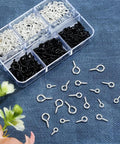 Must Have 300Pcs Small Screw Eye Pins For Jewelry Making And DIY Crafts in silver and black with assorted sizes shown in open container