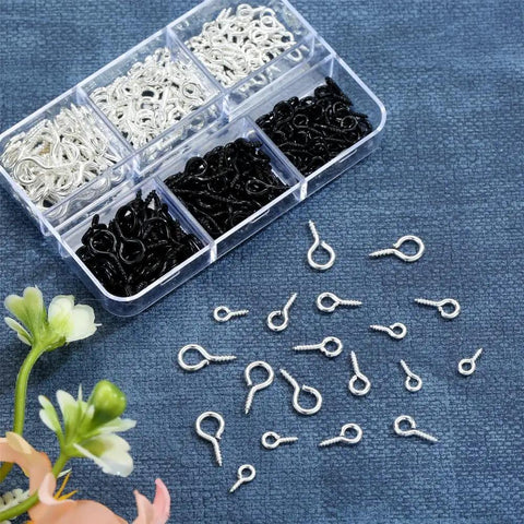 Must Have 300Pcs Small Screw Eye Pins For Jewelry Making And DIY Crafts in silver and black with assorted sizes shown in open container