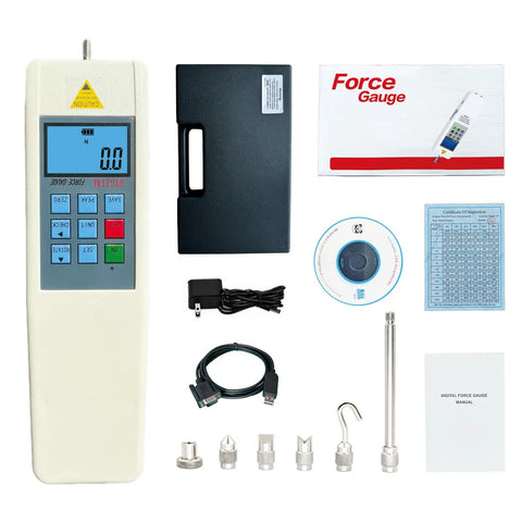Digital Force Gauge 500N Push Pull Tester With 5 Modes, 3 Displays, Tension And Compression Meter For Newton, Kilogram, And Pound, Custom Gravity Setting For Dead Accurate Measurements, with accessories