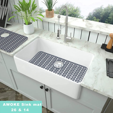26 By 14 Inch Silicone Sink Protector Mat For Kitchen Sink Folding Non Slip Grid Grippy And Protective To Keep Dishes And Sink Bottom From Scratches Fits Farmhouse Stainless Steel Or Porcelain Sinks Gray in a white farmhouse sink