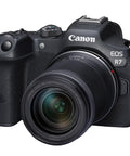 Front view of EOS R7 Mirrorless Camera Body With RF-S 18-150mm F3.5-6.3 IS STM Lens highlighting the lens detail