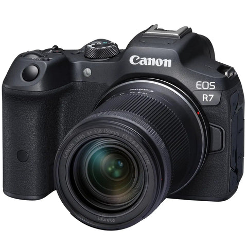 Front view of EOS R7 Mirrorless Camera Body With RF-S 18-150mm F3.5-6.3 IS STM Lens highlighting the lens detail