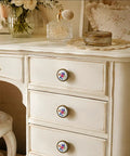 Vintage Floral Ceramic Cabinet Knobs And Drawer Pulls Featuring Dual Mounting Screws For A Super Easy Kitchen Cupboard Or Dresser Hardware Swap That Brings Chill Vibes on a white dresser.