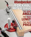 Universal Fit In Dexable Miter Gauge For Table Saw With Micro Adjust Flip Stop and Extended Fence in use on a table saw.