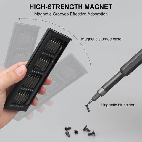 Hand holding 49 In 1 Precision Screwdriver Set For Electronics Repair, showcasing magnetized CRV steel bits and magnetic storage case.