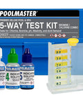 Five Way Pool And Spa Test Kit Featuring Dead On Accuracy For Chlorine Bromine Ph Alkalinity And Acid Demand Inside A Tough Travel Case with solutions and comparison block.