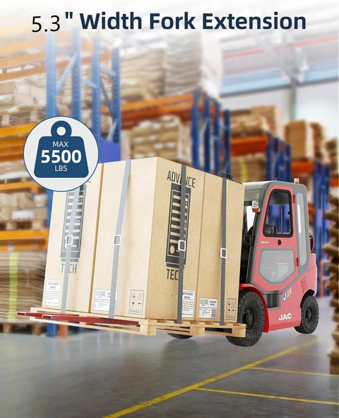 Installed view: 96-inch forklift pallet extensions, 5.3 in width, 5500 lb capacity.