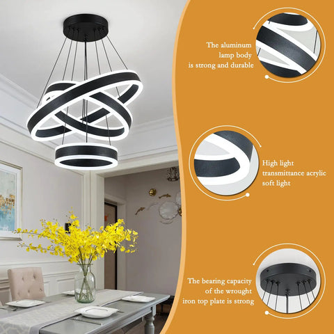 Modern Black LED Ring Chandelier With Three Adjustable Tiered Cylinders Hangs Flawlessly Over Kitchen Islands Or Bedrooms Quick Install Setup, featuring sleek rings in aluminum.