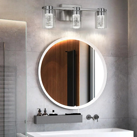 Three Light Brushed Nickel Vanity Light With Crystal Glass Shade 3000K 4000K 6000K Color Temperature Eye Protection LED Wall Sconce