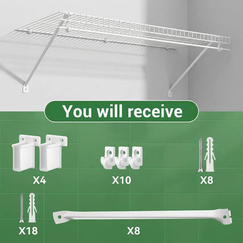 8 Pack White Steel Wire Shelf Brackets 17 Inch Heavy Duty Closet Support Hardware with quick snap clips and end caps.