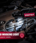 Person using 12 Volt Cordless Ratchet Wrench Set Three Eighths Inch Drive With Thirty Five Ft Lbs Torque And Two Hundred Thirty RPM Fast Charger And 2.0Ah Battery Comes With Seven Piece Metric Sockets And One Quarter Inch Adapter Lightweight Auto Repair Kit on engine with LED light