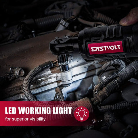 Person using 12 Volt Cordless Ratchet Wrench Set Three Eighths Inch Drive With Thirty Five Ft Lbs Torque And Two Hundred Thirty RPM Fast Charger And 2.0Ah Battery Comes With Seven Piece Metric Sockets And One Quarter Inch Adapter Lightweight Auto Repair Kit on engine with LED light