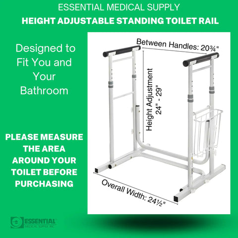 Height Adjustable Standing Toilet Safety Rail With Foam Handles For Elderly Seniors, showing measurements for bathroom fitting.