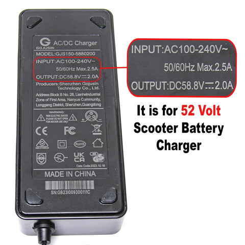Cruiser Electric Scooter Charger For 52V Battery System With 3 Pin XLR Connector highlighting input and output specifications