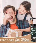 Man receiving gift with Camouflage 30Oz Tumbler With Handle Stainless Steel Insulated Travel Cup with Flip Straw next to him