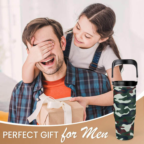 Man receiving gift with Camouflage 30Oz Tumbler With Handle Stainless Steel Insulated Travel Cup with Flip Straw next to him
