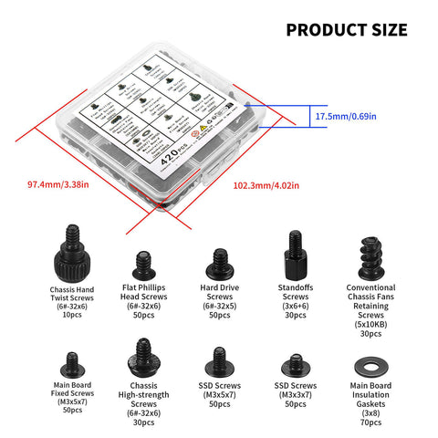420 Pcs Computer Screws And Standoffs Kit size and contents display for motherboard, laptop, PC case, HDD, SSD, DIY build hardware.