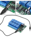 Eight Channel DTMF Relay Module For Phone Voice Control 12V DC Remote Switch Kit with 3.5mm audio cable and circuit close-up.